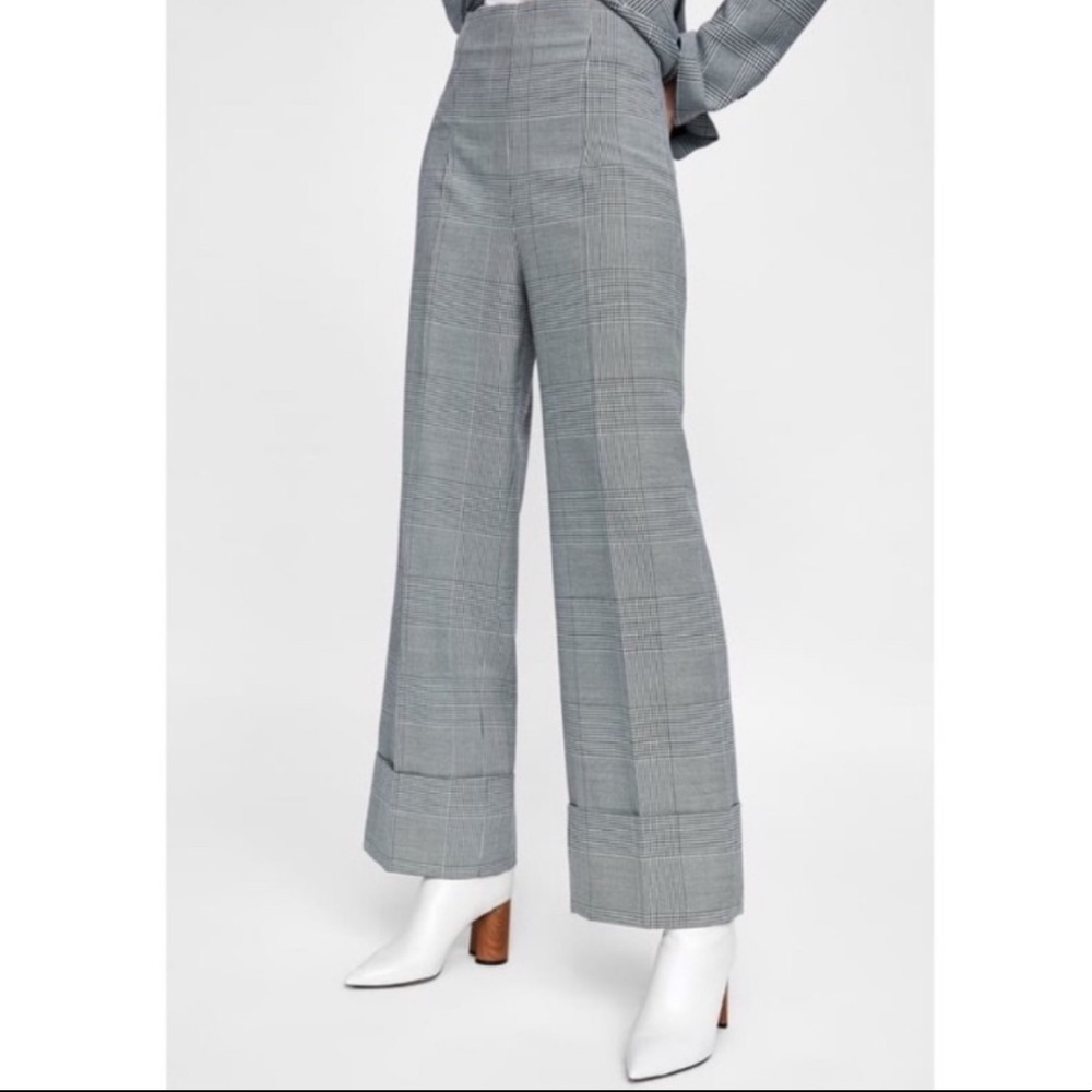 Zara High Waisted Cuffed Houndstooth Pants